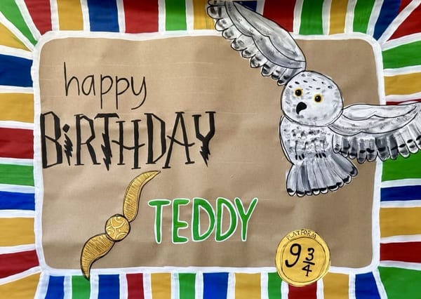 Hand-painted birthday banner on brown kraft paper with black and green 'Happy Birthday Teddy' lettering, a flying gray owl, a golden snitch, a platform ticket, and a colorful striped border for a playful, magical look