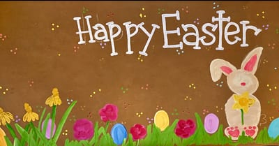 White 'Happy Easter' lettering on kraft paper above a cream bunny holding a yellow daffodil, bright flowers, pastel eggs, green grass, and confetti dots