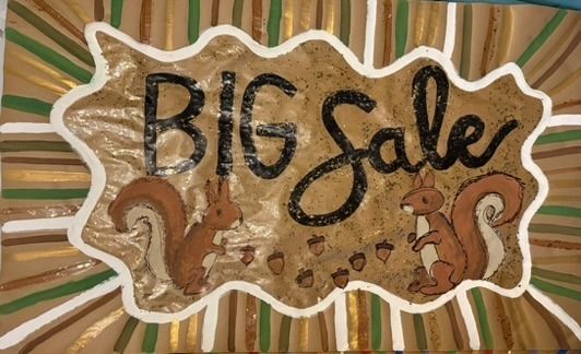 Hand-painted sale banner on metallic gold paper with two squirrel mascots surrounded by acorns, bold black 'Big Sale' lettering with glitter accents, a scalloped border, and brown and gold autumn stripes